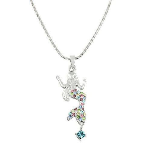 Mermaid Necklace Crystal Charm Rhinestone Beach SeaLife Surf Jewelry SILVER MUL - PalmTreeSky