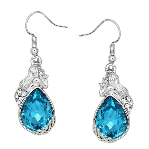 Mermaid Earrings Crystal Rhinestone Tail Fish Charm Drop SILVER TURQ Jewelry - PalmTreeSky