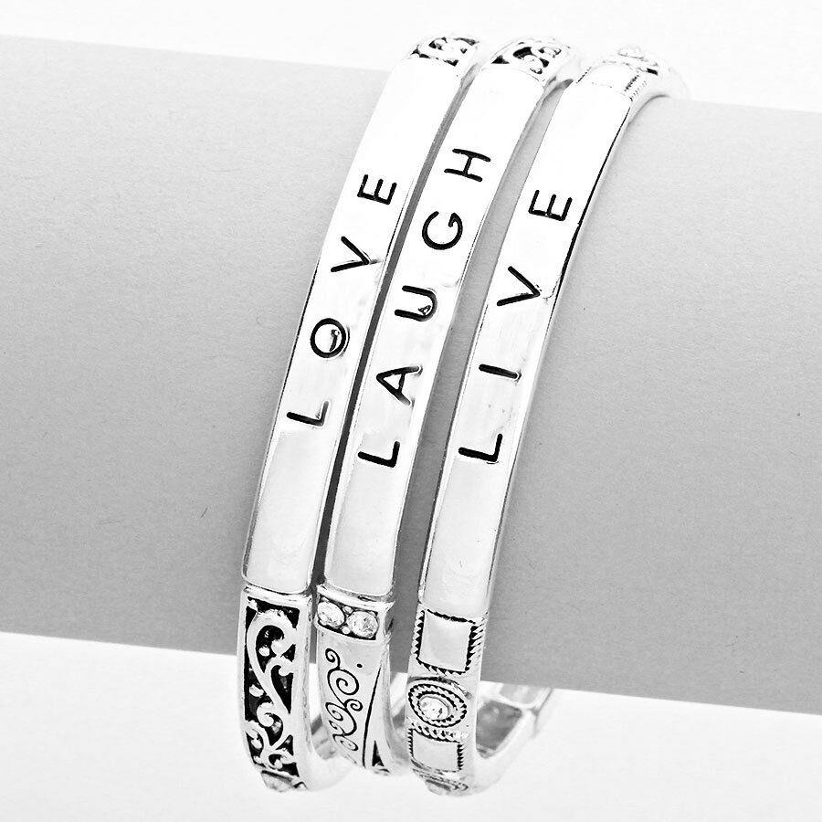 Live Laugh Love Bracelet Stretch SILVER Set3 Inspirational Message Jewelry - PalmTreeSky