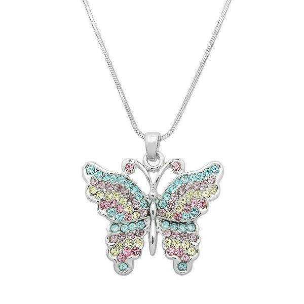 Butterfly Necklace Crystal Rhinestone Pendant 32mm Flower Wings Bug SILVER MULTI - PalmTreeSky