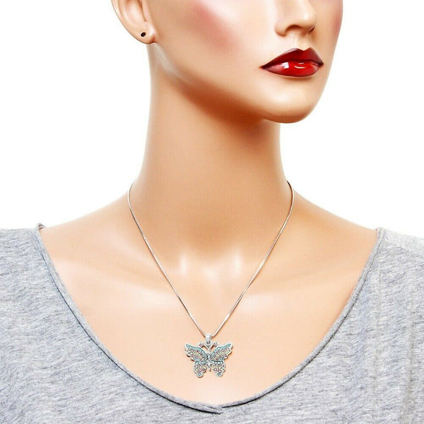 Butterfly Necklace Crystal Rhinestone Pendant 32mm Flower Wings Bug SILVER MULTI - PalmTreeSky