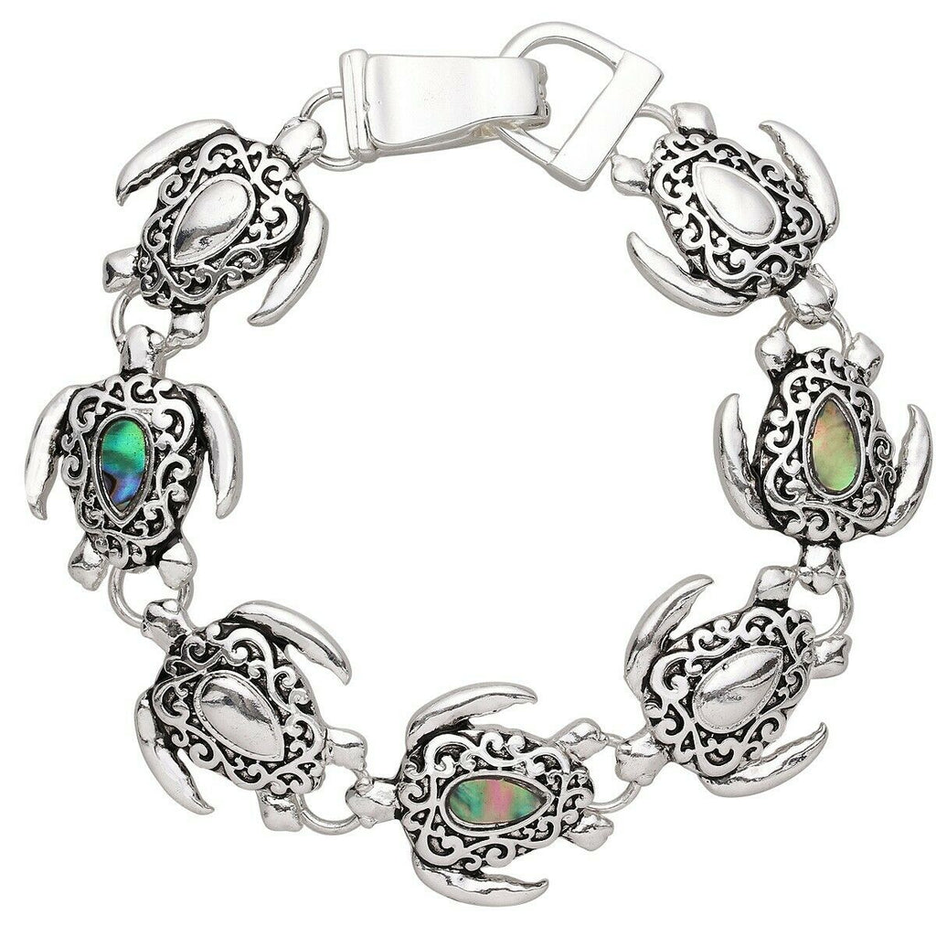 Turtle Bracelet Magnetic Clasp Abalone Shell Metal Sea Life Sand Filigree SILVER - PalmTreeSky