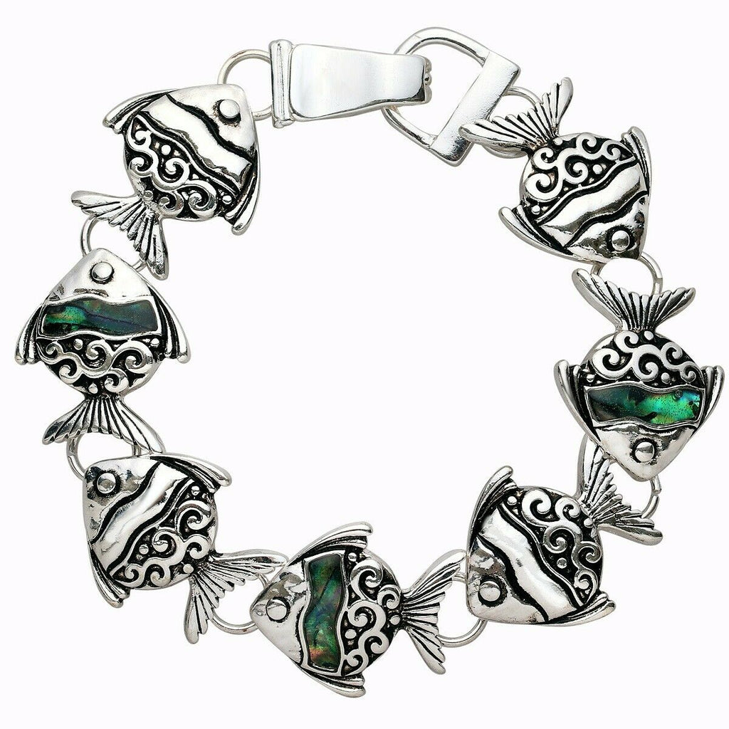 Fish Bracelet Magnetic Clasp Abalone Shell Metal Sea Life Tail Filigree SILVER - PalmTreeSky