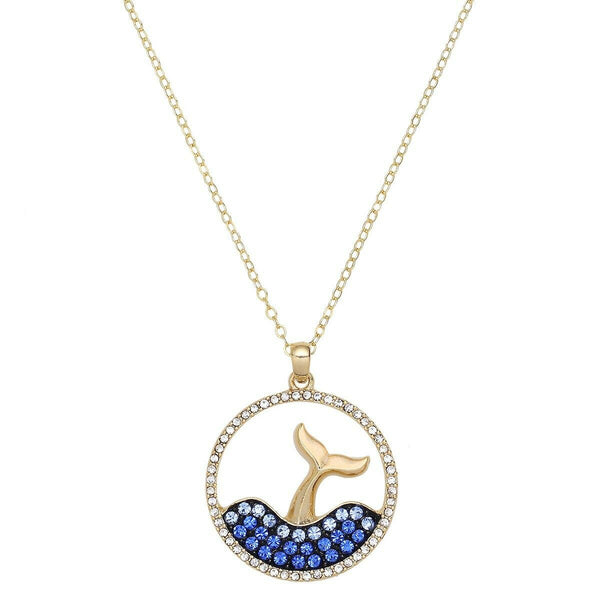 Whale Tale Necklace Pendant Crystal Mermaid Tail GOLD BLUE Ocean Surf Sand - PalmTreeSky