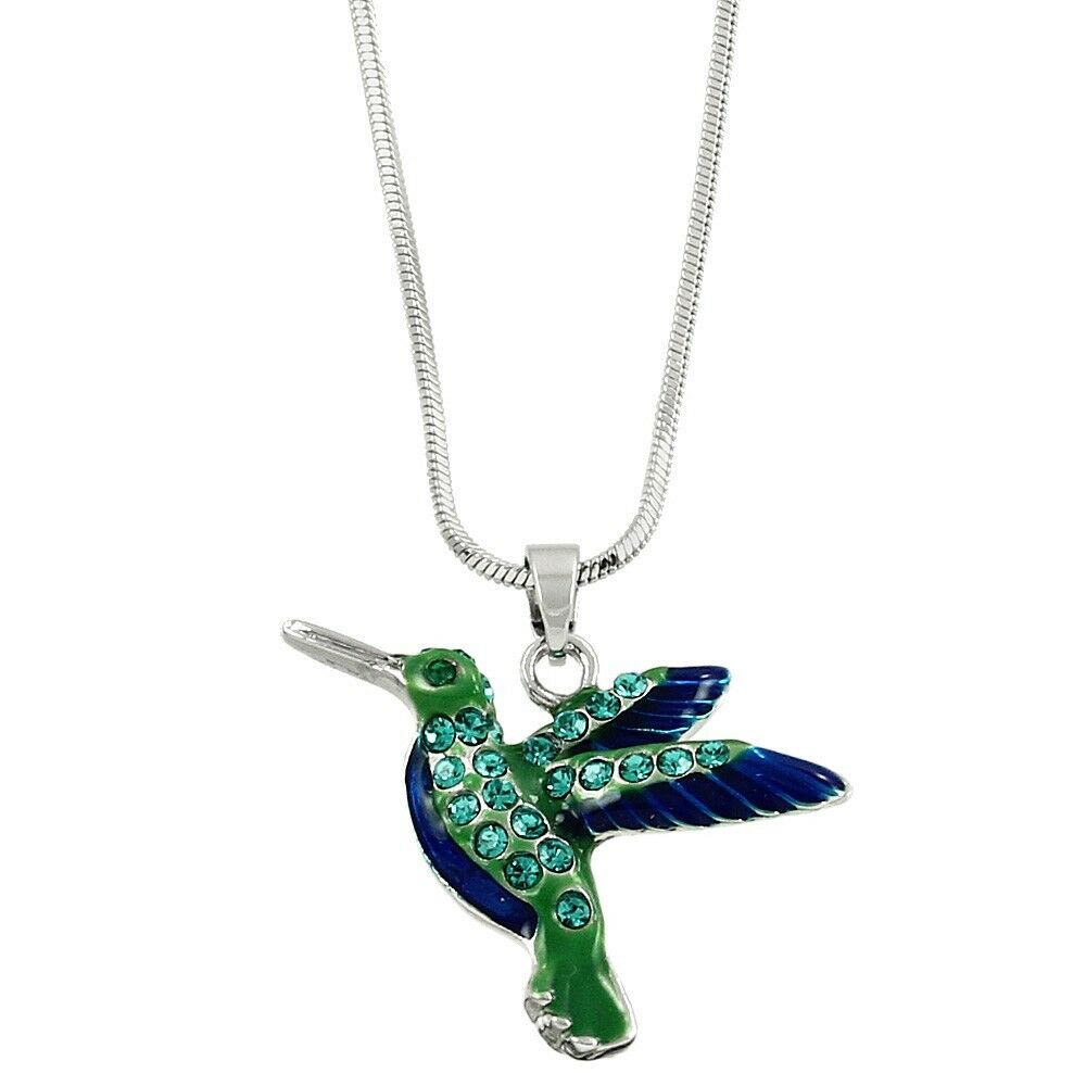 Hummingbird Necklace Charm Pendant Pave Rhinestone Blue Green SILVER Jewelry - PalmTreeSky