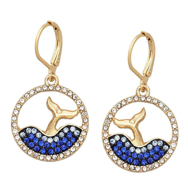 Whale Tale Earrings Leverback Crystal Mermaid Tail GOLD BLUE Ocean Surf Sand - PalmTreeSky