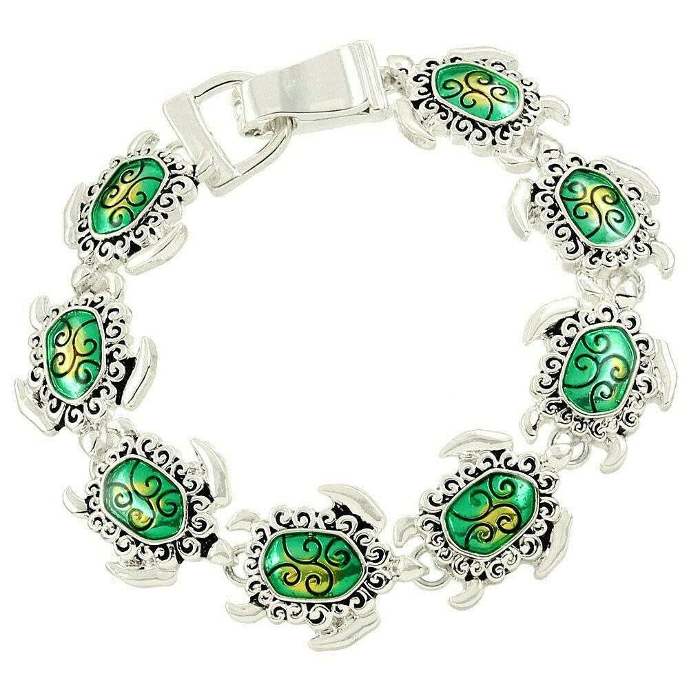 Turtle Bracelet Sea Sand Magnetic Clasp SILVER GREEN Swirl Ocean Swim Jewelry - PalmTreeSky