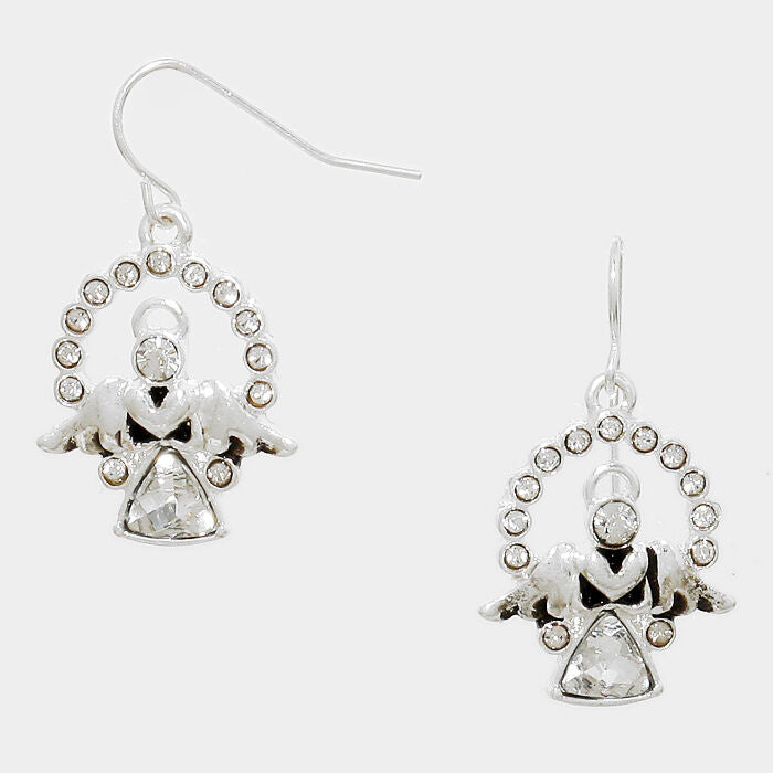 Angel Earrings Angel Wings Pave Halo Wing BURNISH SILVER 1.25"Drop Jewelry - PalmTreeSky