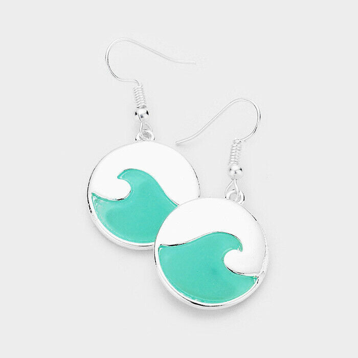 Wave Earrings Sea Glass Turquoise Ocean Metal SILVER Surfer Beach BLUE Jewelry - PalmTreeSky