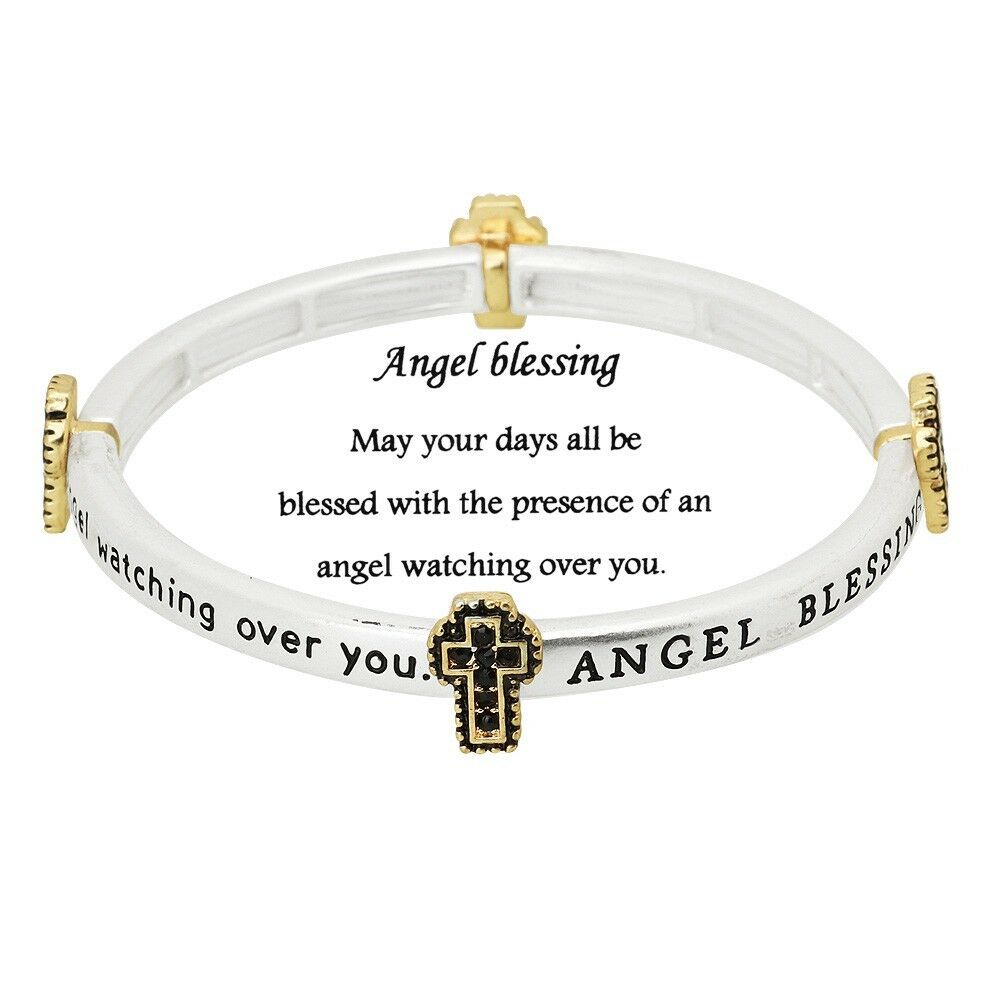 Angel Blessing Bracelet Stretch Bangle Pave Cross Prayer Friend SILVER BLACK - PalmTreeSky