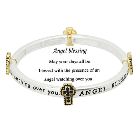 Angel Blessing Bracelet Stretch Bangle Pave Cross Prayer Friend SILVER BLACK - PalmTreeSky