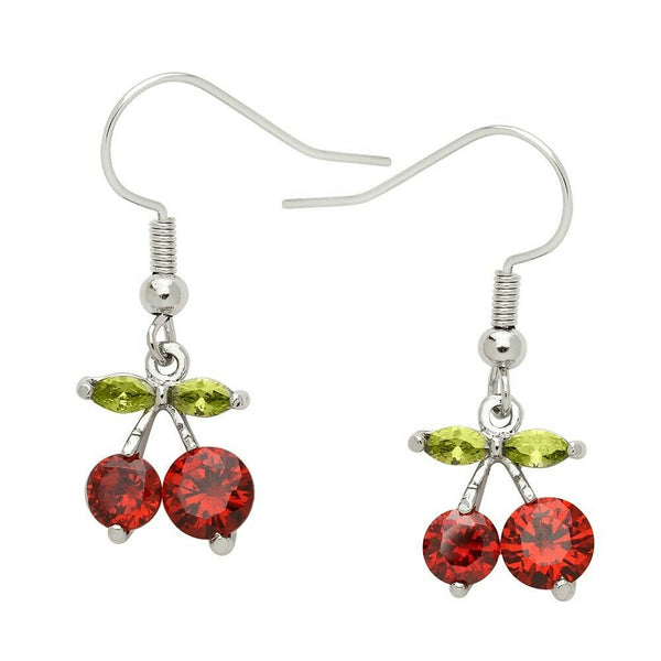 Cherry Earrings Cherries Drop Dangle Charm CZ Cubic Zirconia Crystal SILVER RED - PalmTreeSky