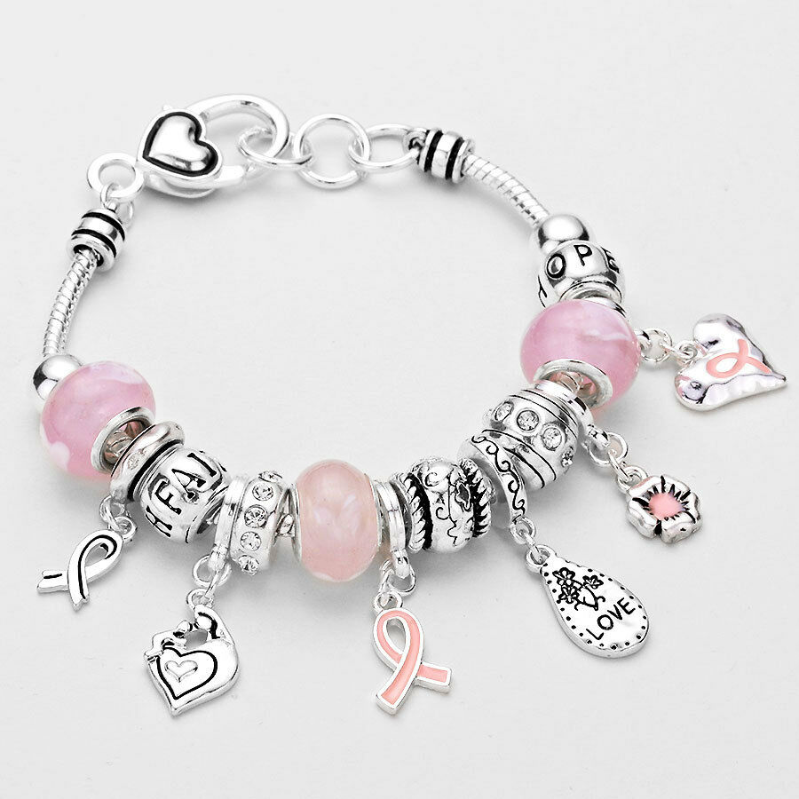 Breast Cancer Awareness Bracelet SlidingMulti Bead Love Heart Pink Ribbon SILVER - PalmTreeSky