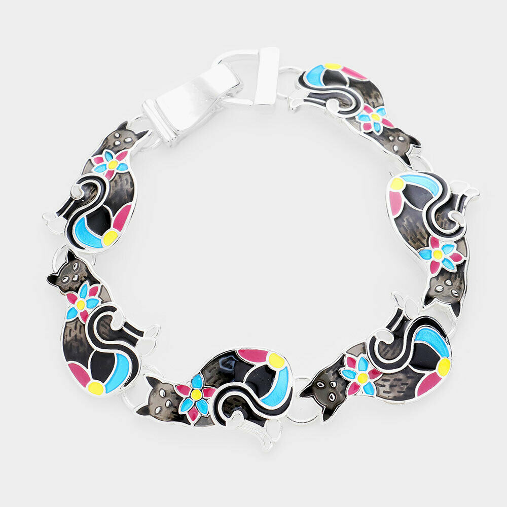 Cat Bracelet Magnetic Closure Black Cat Kitten Kitty Enamel MULTI Flower Petal - PalmTreeSky