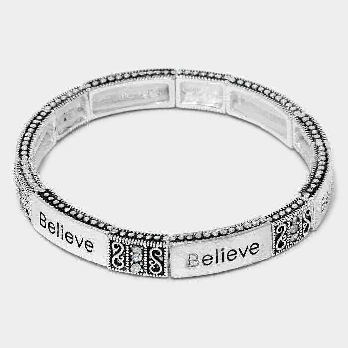 Believe Bracelet Prayer Psalm Rhinestone Religious Cross Church Jewelry SILVER - PalmTreeSky