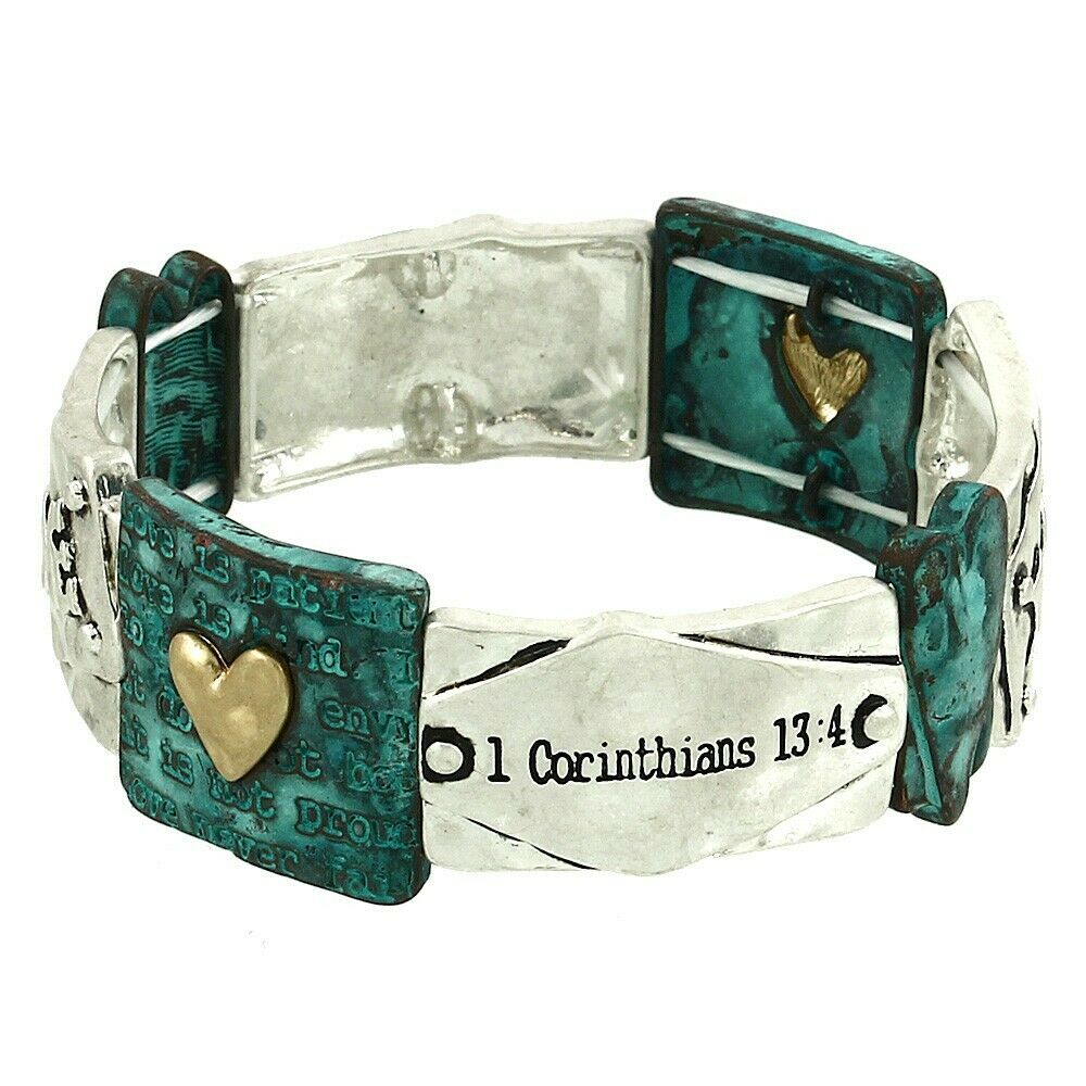 Corinthians 13:4 Bracelet Stretch Bangle 3/4"W Prayer Faith Cross Jewelry PATINA - PalmTreeSky