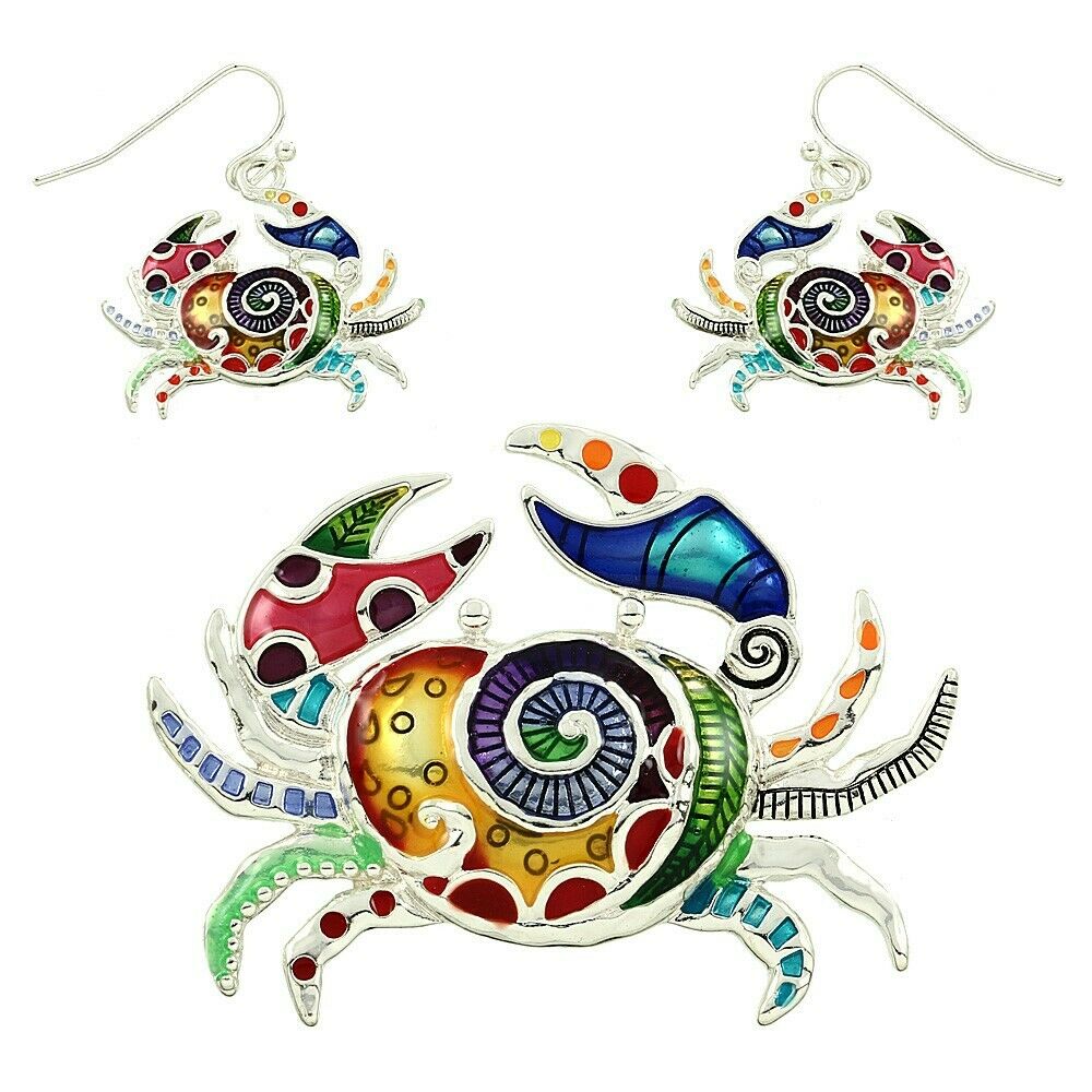 Crab Pendant Necklace Earrings SET Colorful Swirl Enamel SILVER Beach Jewelry - PalmTreeSky