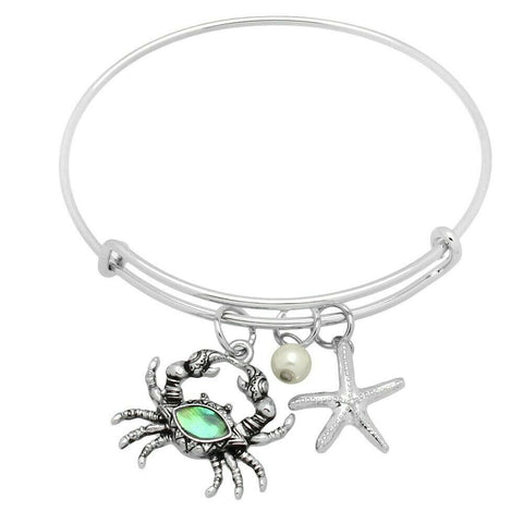 Crab Bracelet Thin Bangle Pearl Charm Abalone Shell Chunky Charm Textured Metal - PalmTreeSky