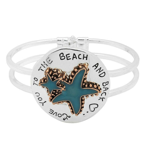 Starfish Bracelet Hinge Bangle Double Bar LOVE YOU TO THE BEACH and BACK SILVER - PalmTreeSky