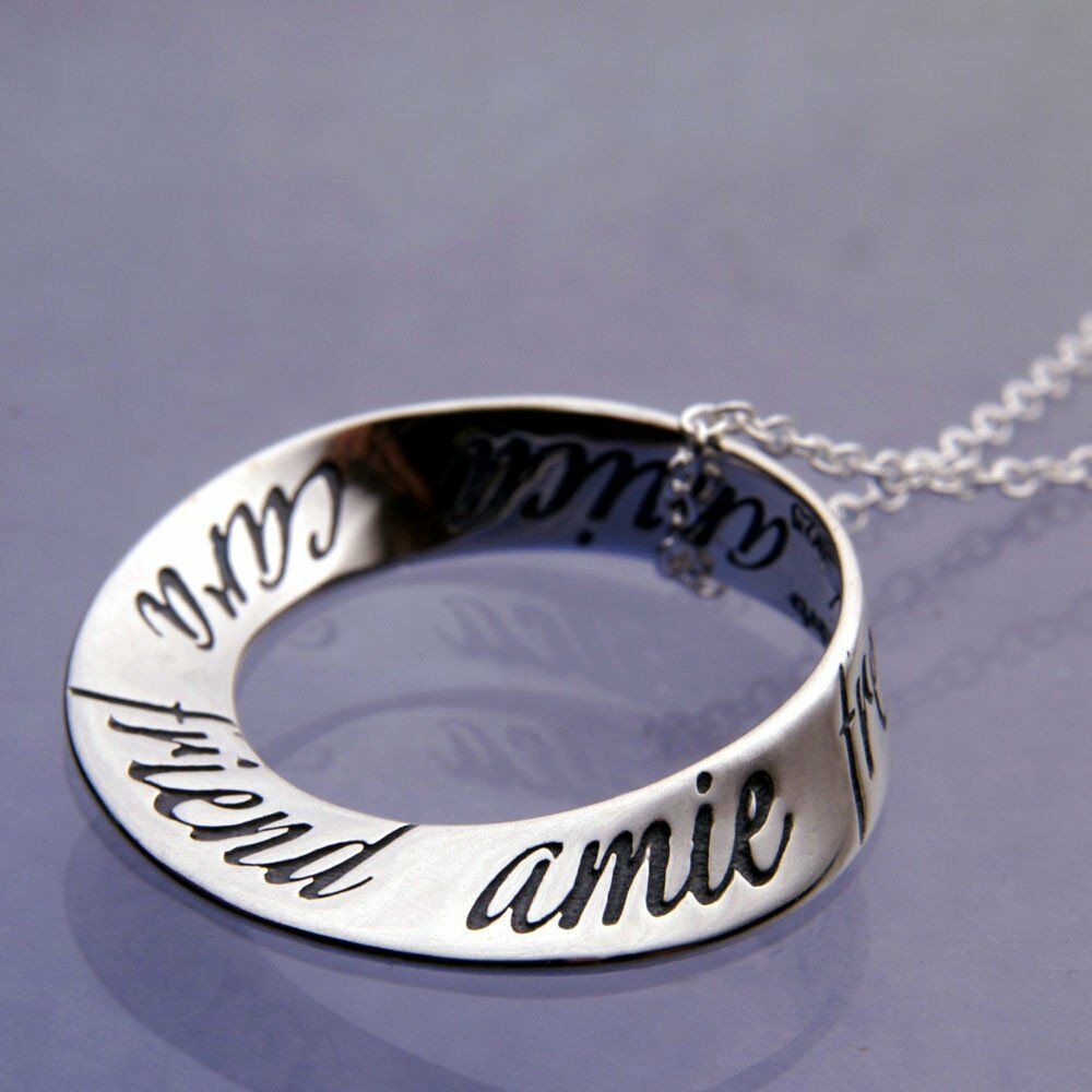 Sterling Silver Friend Necklace Mobius Pendant Amie Amica Languages Jewelry - PalmTreeSky