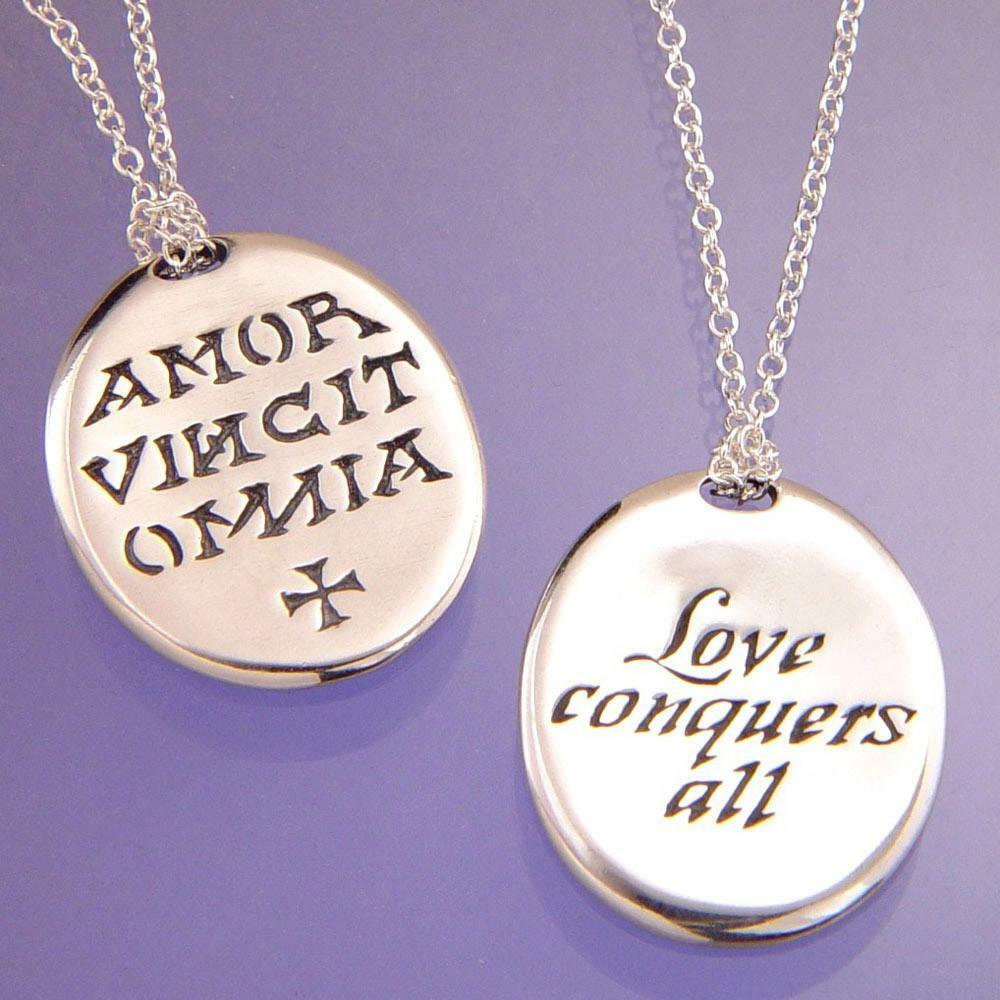 Love Conquers All Necklace Engrave Religious STERLING SILVER Latin English Disc - PalmTreeSky