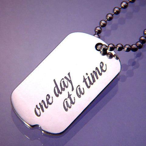 One Day at a Time Necklace Engrave Religious Quote STERLING SILVER Square Tag - PalmTreeSky