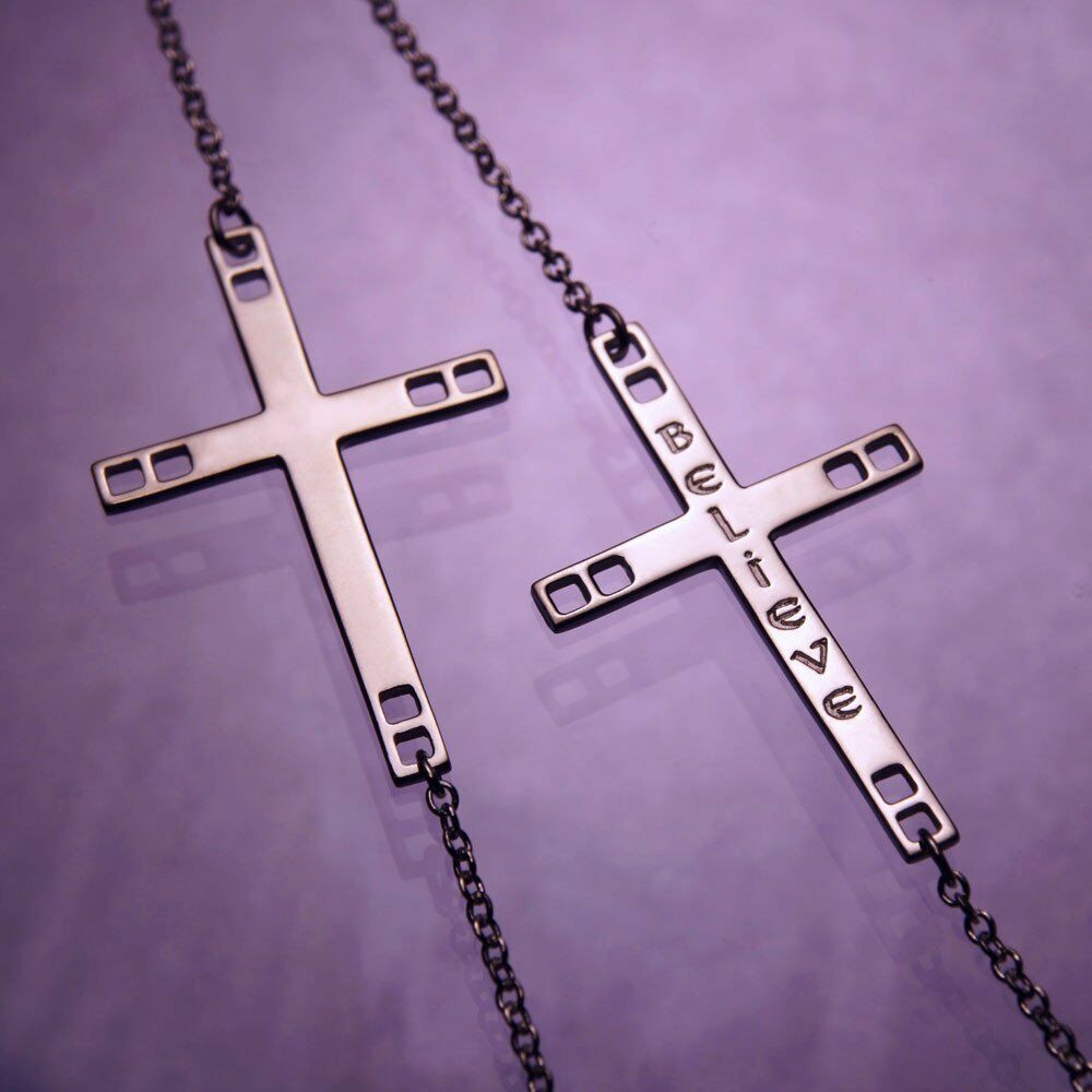 Believe Necklace Cross Engraved Stamped Inscription STERLING SILVER Gift 2 sided - PalmTreeSky