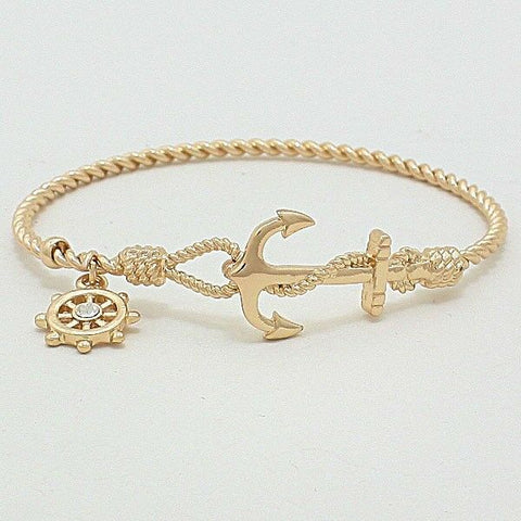 Anchor Wheel Thin Open Bangle Bracelet GOLD Nautical Sea Life Sailing Boating - PalmTreeSky
