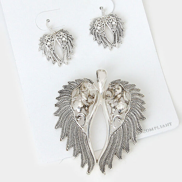 Angel Wings Pendant Earrings SET Metal Filigree Cutout Textured SILVER Jewelry - PalmTreeSky