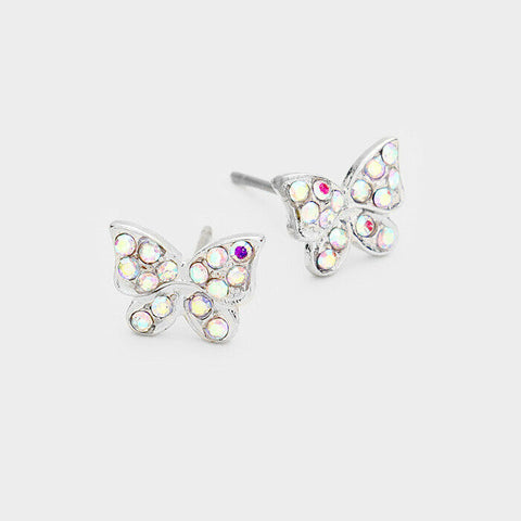 Butterfly Earrings Stud Post Rhinestone Crystal Pave Flower SILVER AB Jewelry - PalmTreeSky