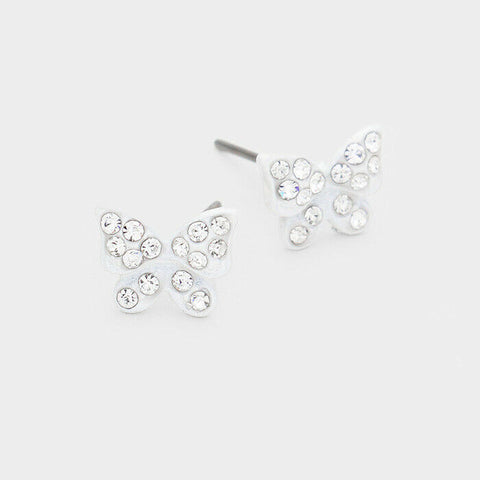 Butterfly Earrings Stud Post Rhinestone Crystal Flower SILVER WHITE Jewelry - PalmTreeSky