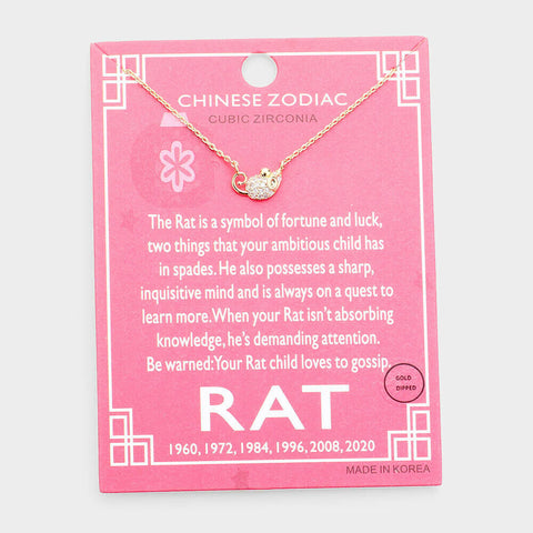 Chinese Zodiac Necklace Celestial Birth Year RAT Tiny Pendant CZ Dipped GOLD - PalmTreeSky