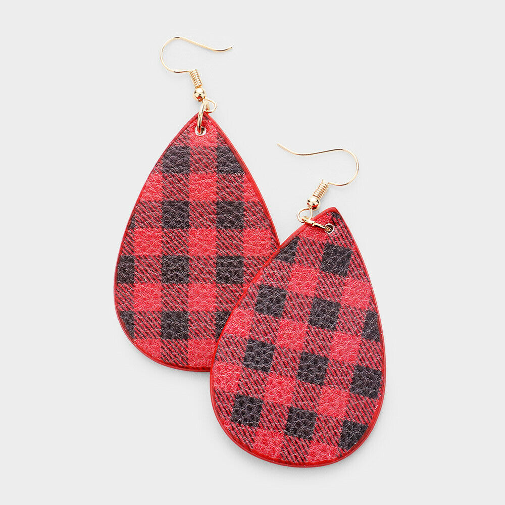 Buffalo Plaid Earrings Check Hunters Teardrop Bohemian 3" Lightweight RED BLACK - PalmTreeSky