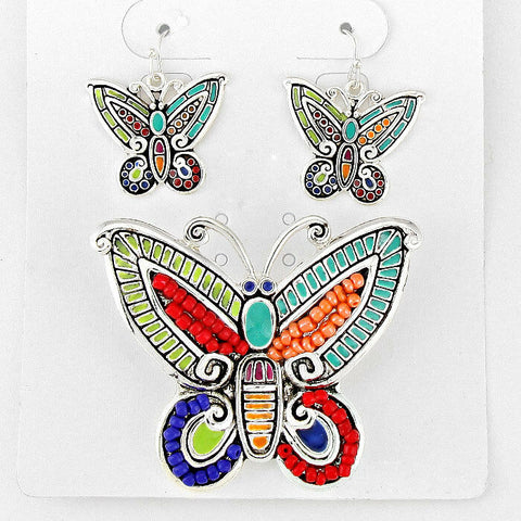 Butterfly Pendant Earrings SILVER MULTI Beaded Butterfly Dragonfly Jewelry - PalmTreeSky