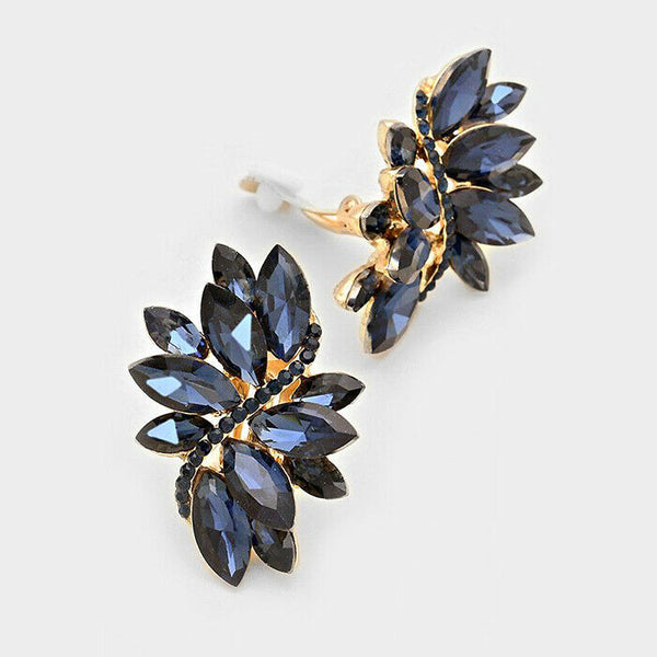 Clip On Earrings Crystal Marquise Swirl Pave Rhinestone Jewelry 1.5" Drop DKBLUE - PalmTreeSky