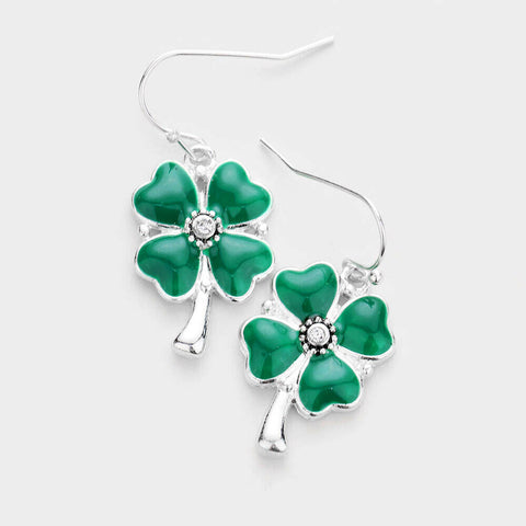 Clover Stud Earrings 4 Leaf Hook Enamel 1.25" Drop Crystal Irish Luck SLVR GREEN - PalmTreeSky