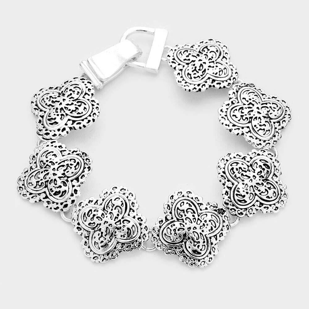 Clover Bracelet Magnetic Closure Clasp Swirl Antique Filigree Jewelry SILVER - PalmTreeSky