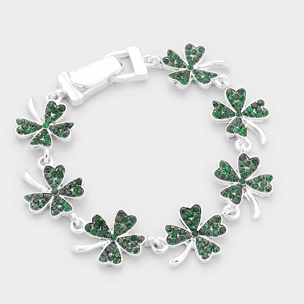 Clover Bracelet 4 Leaf Clover Rhinestone Magnetic Clasp Irish Luck SILVER GREEN - PalmTreeSky