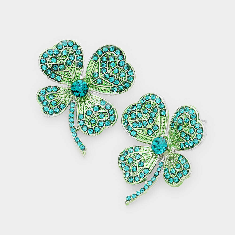 Clover Stud Earrings 4 Leaf Studs 1.25" Drop Crystal Irish Luck SILVER GREEN - PalmTreeSky