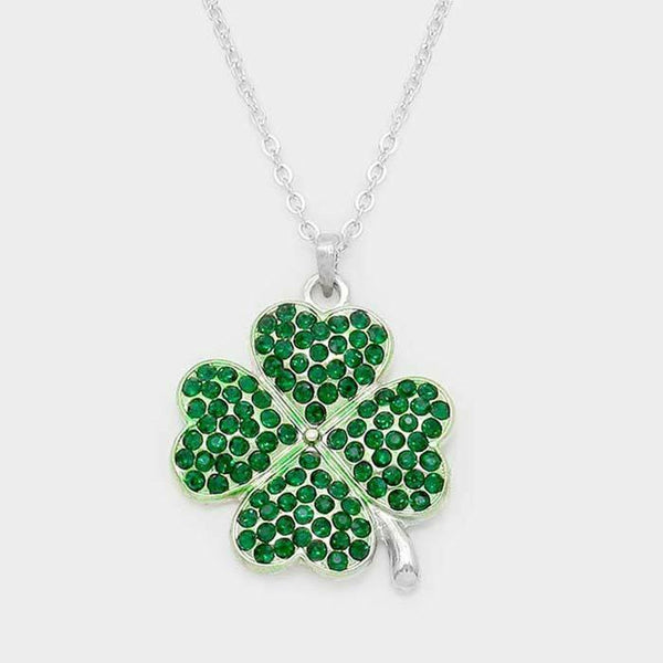 Clover Necklace 4 Leaf Clover 1.2" Pendant Rhinestone Irish Luck SILVER GREEN - PalmTreeSky