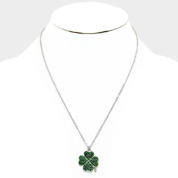 Clover Necklace 4 Leaf Clover 1.2" Pendant Rhinestone Irish Luck SILVER GREEN - PalmTreeSky