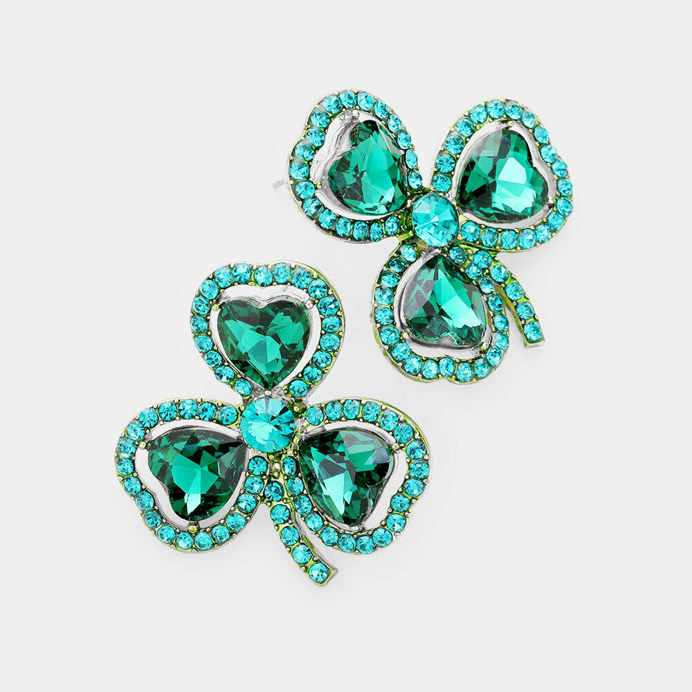 Clover Stud Earrings 3 Leaf Studs 1.4" Drop Crystal Irish Luck SILVER GREEN - PalmTreeSky