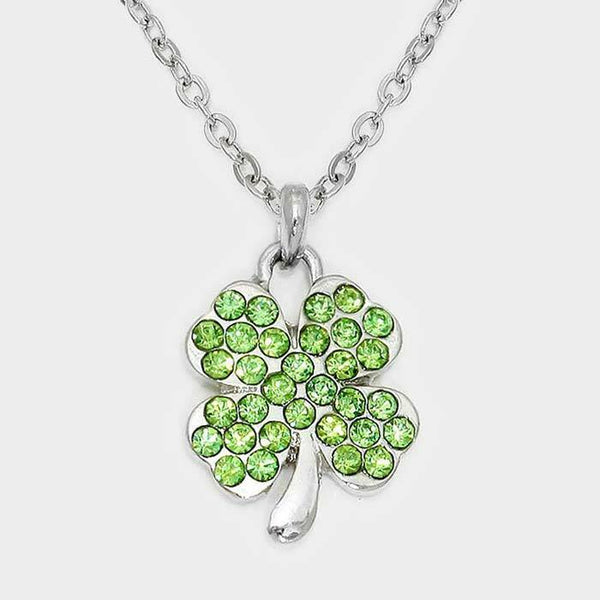 Clover Necklace 4 Leaf Clover .75" Pendant Rhinestone Irish Luck SILVER GREEN - PalmTreeSky