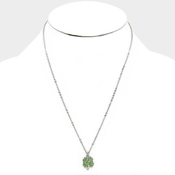 Clover Necklace 4 Leaf Clover .75" Pendant Rhinestone Irish Luck SILVER GREEN - PalmTreeSky