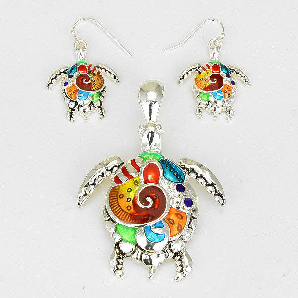 Turtle Pendant Earrings SET MULTI COLOR Metal SILVER SeaLife Beach Jewelry - PalmTreeSky