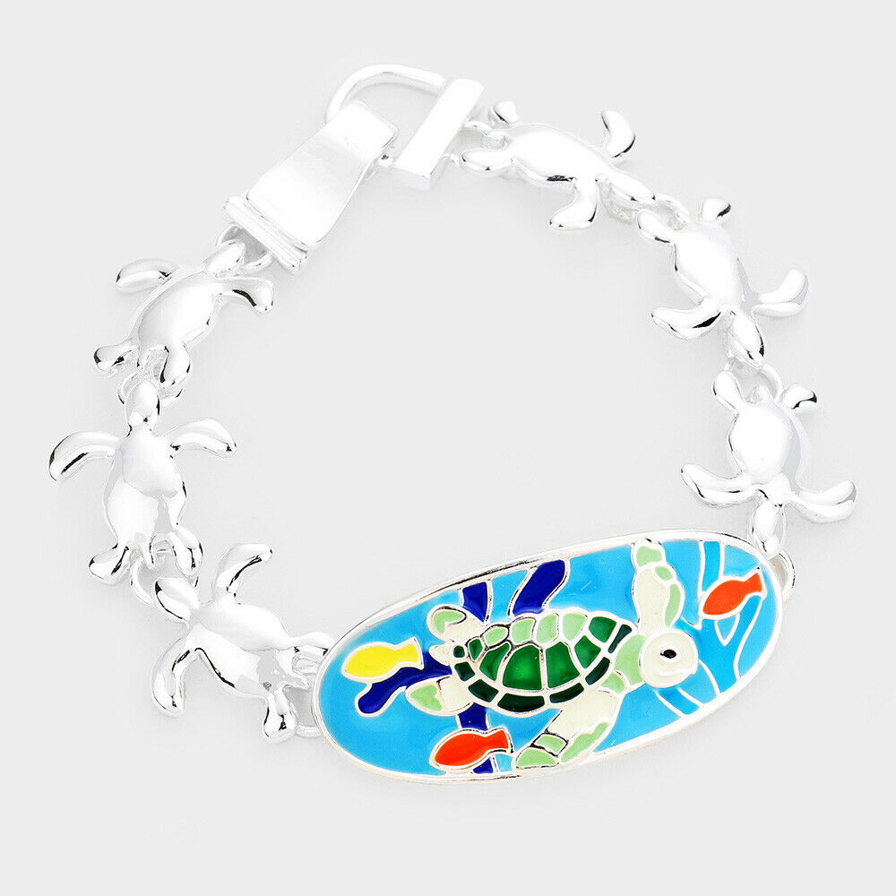 Turtle Bracelet Enamel Art Printed Disc Sea Life Magnetic Clasp SILVER MULTI - PalmTreeSky