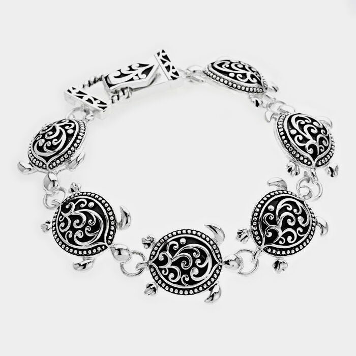 Turtle Bracelet Chain Link Magnetic Clasp Filigree Textured SILVER Sea Shell - PalmTreeSky