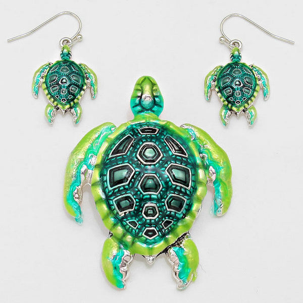 Turtle Pendant Earrings Beach Nautical Sealife SILVER GREEN Fashion Jewelry - PalmTreeSky