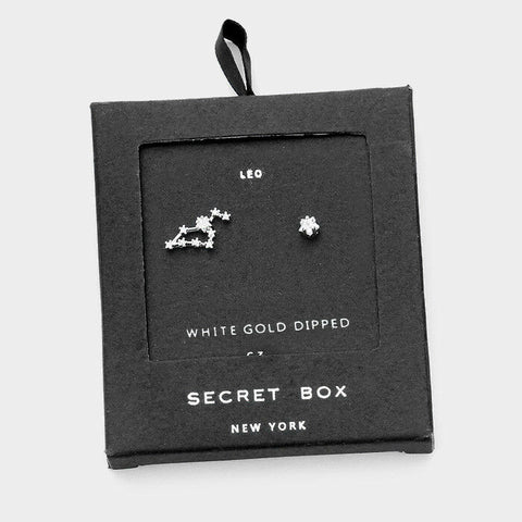 Secret Box Star Earrings Gift Tiny Zodiac LEO Sign CZ Moon WHT GOLD DIPPED - PalmTreeSky