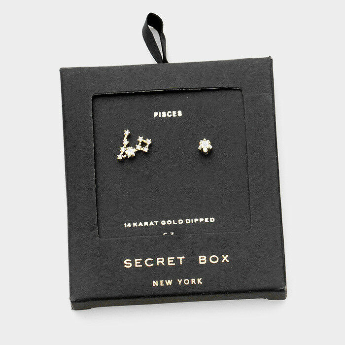 Secret Box Star Earrings Gift Tiny Zodiac PISCES Sign CZ Moon 14K GOLD DIPPED - PalmTreeSky